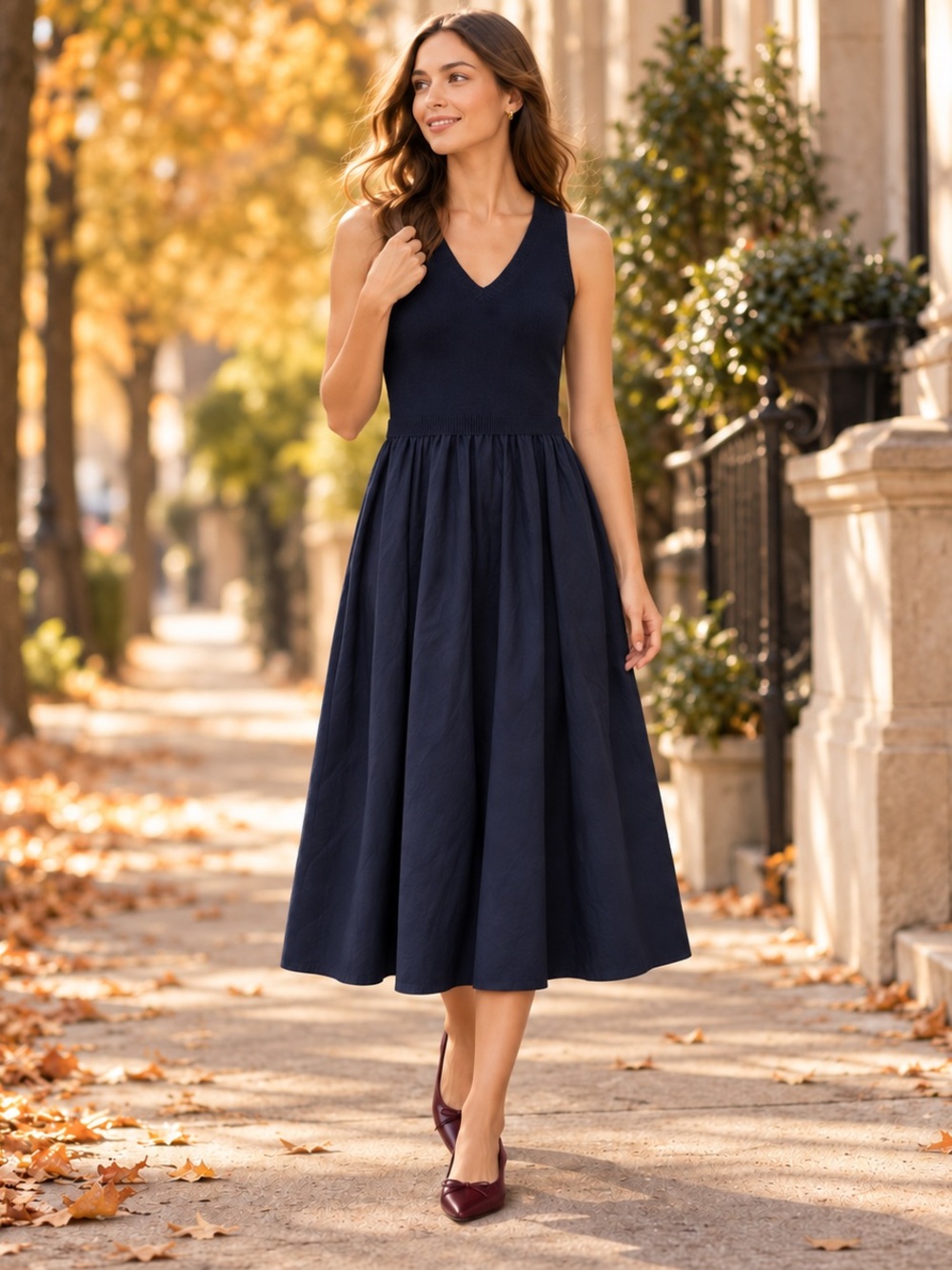 Taylor Navy Mixed-Media Fit & Flare Midi Dress —